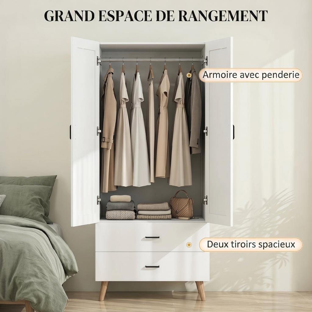 Bedroom Wardrobe, 2 Soft-Close Doors, 2 Drawers, Hanging Rail, 80 x 54 x 180 cm, White
