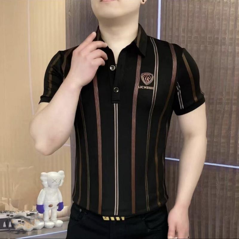 Summer Men s Striped Lapel Collar Polo Shirt Striped Ice Short Sleeve T-Shirt M