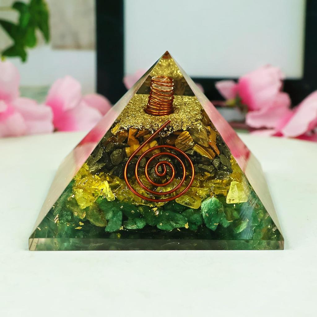 Crystu Reichtum Pyrit Citrin Grüner Aventurin Tigerauge Orgon Orgonit Pyramide Kristallstein für Reiki Heilung 70 mm