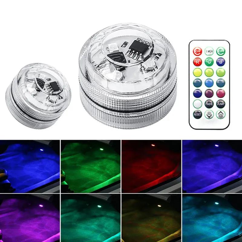 Luce Ambientale LED Adesiva Wireless per Interni Auto Telecomando Decorazione Lampada Atmosfera Tetto Auto Piedi con Batteria Colorata