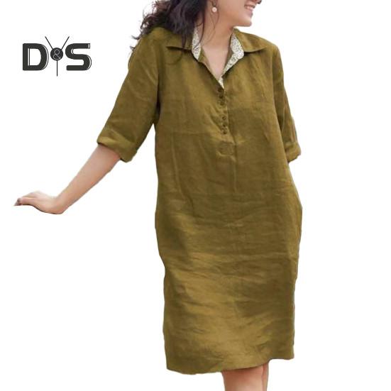 Women Dress Loose Three Quarter Sleeves Solid Color Lapel Knee Length Soft A Line Casual Spring Summer Midi Dress