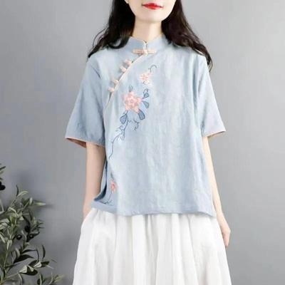 Top Bottoncini in Cotone Ricamato Artigianale Retrò - Completo da Tè Zen da Donna, Manica Corta, Stile Cinese