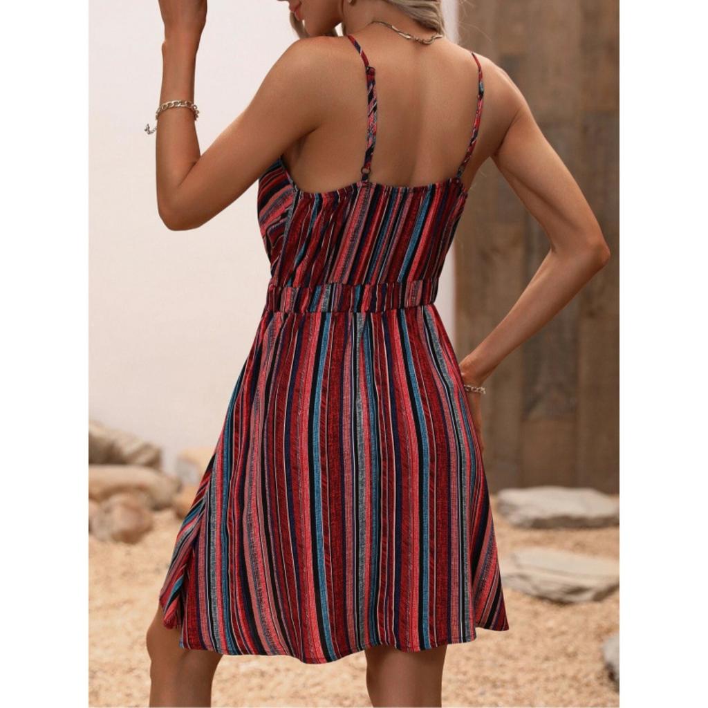 Women's V Neck Sleeveless Mini Dress Loose Elastic Waist Striped Wrap Sundress