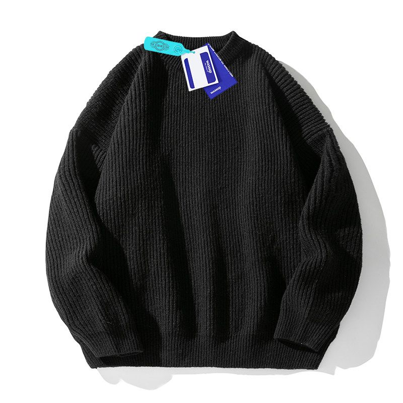 

Wassup Retro Japanese-Style Solid Color Versatile Crew Neck Sweater Base Shirt for Men, Autumn Loose Jacquard Knit Top Black 3XL