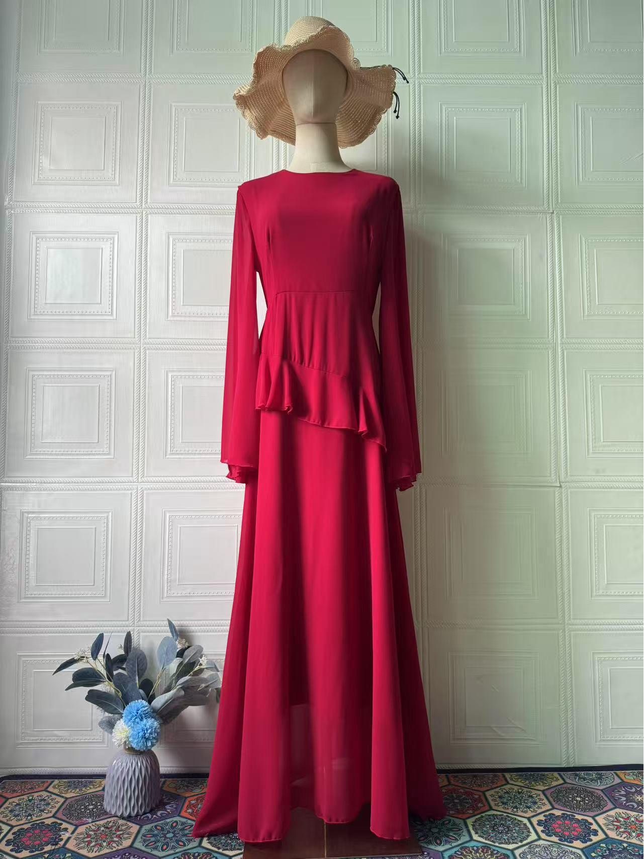 

Весна 2025 Элегантное европейское и американское платье макси с длинным рукавом для женщин XXL красный