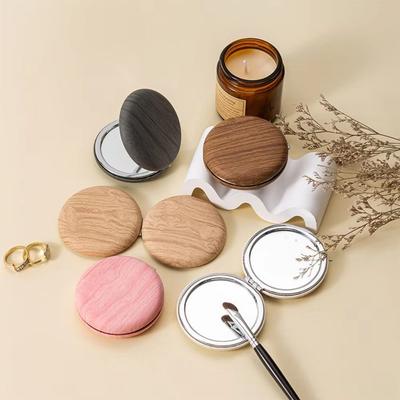 Faux Wood Handheld Makeup Mirror PU Leather Pocket Mirror High Quality Compact Mirror Portable Use