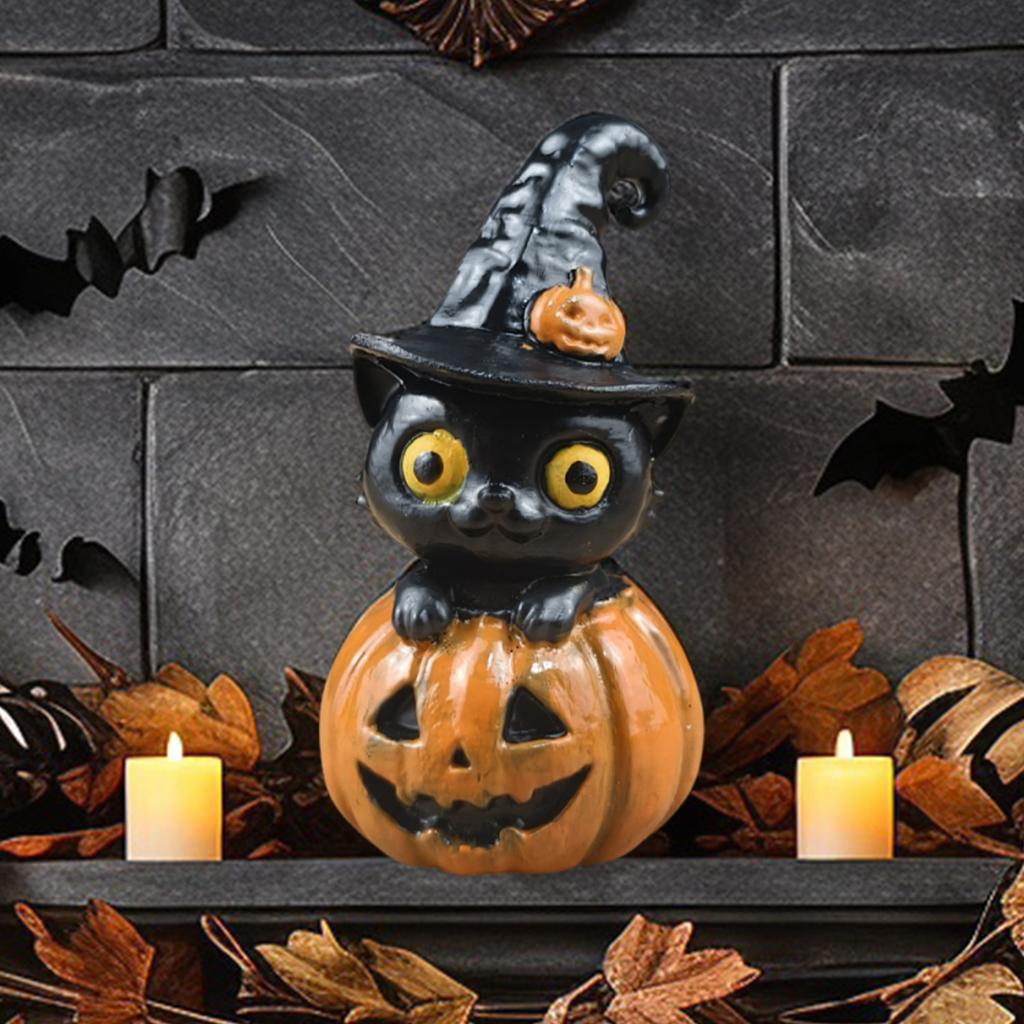 Resin Black Cat on Pumpkin Spooky Ornament Tabletop Decor Pumpkins Halloween Theme Decor for Tiered Tray Shelf Mantel Desks