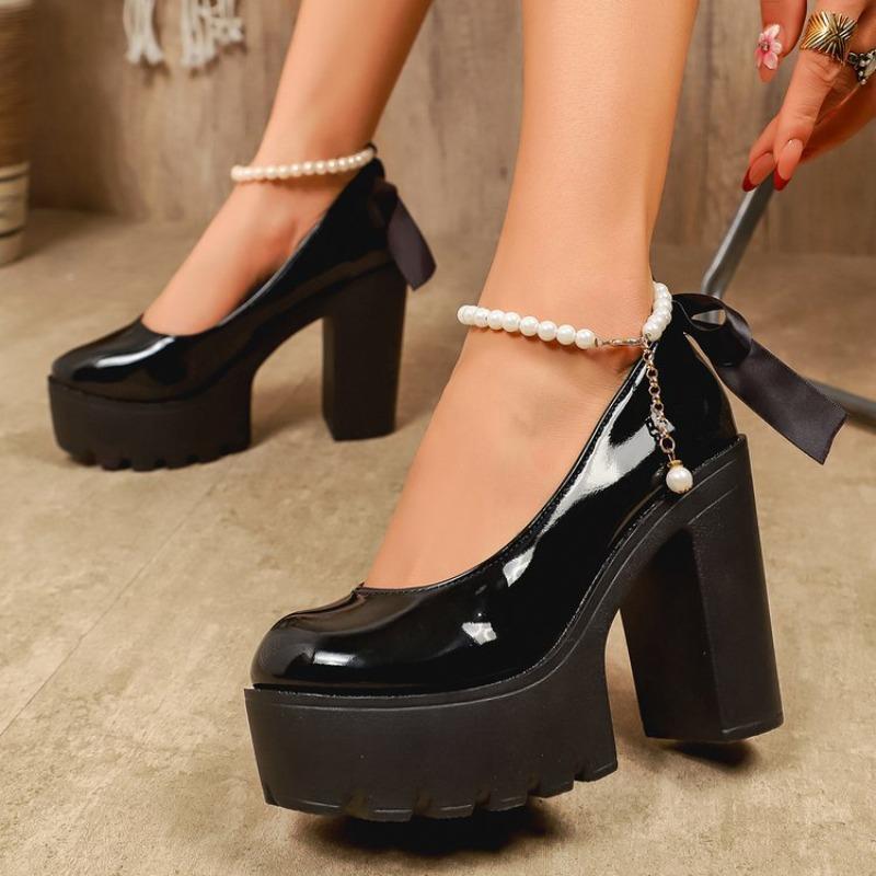 Black Patent Leather Platform Pumps Women Summer Back Bowtie High Heels Shoes Woman Pearl Ankle Strap Lolita Shoes