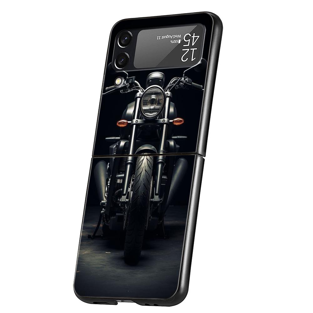 Motorcycle Hard PC Phone Case For Samsung Galaxy Z Flip 5 4 3 Black Cover For Galaxy Z Flip 6 Foldable Shockproof Cases Fundas