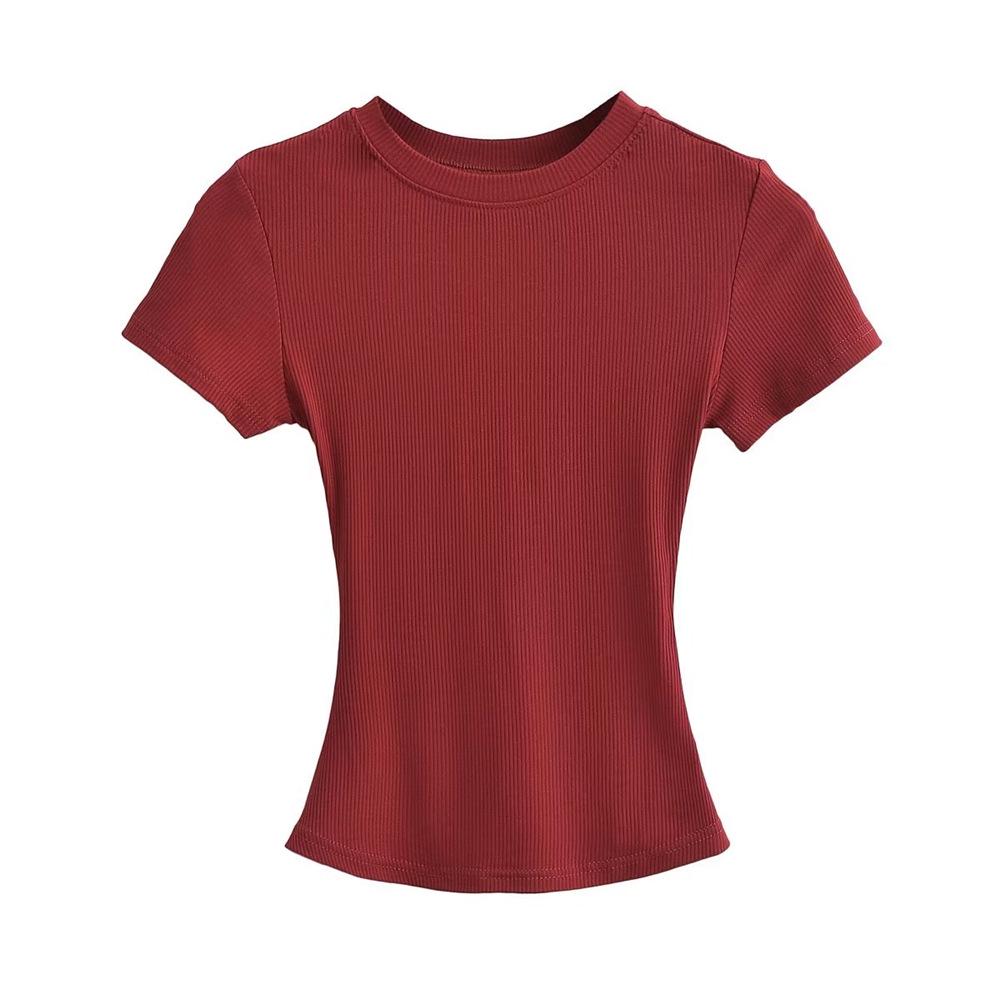 Trendy Women's Ribbed Slim Fit Short Sleeve T-Shirt with Sexy Round Neck and Straight Shoulders.