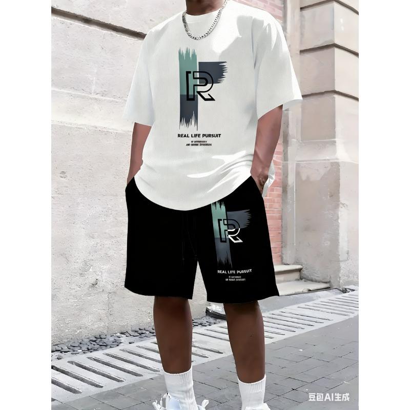 Summer Pattern Printed Men's Casual Two-piece Set Round-neck