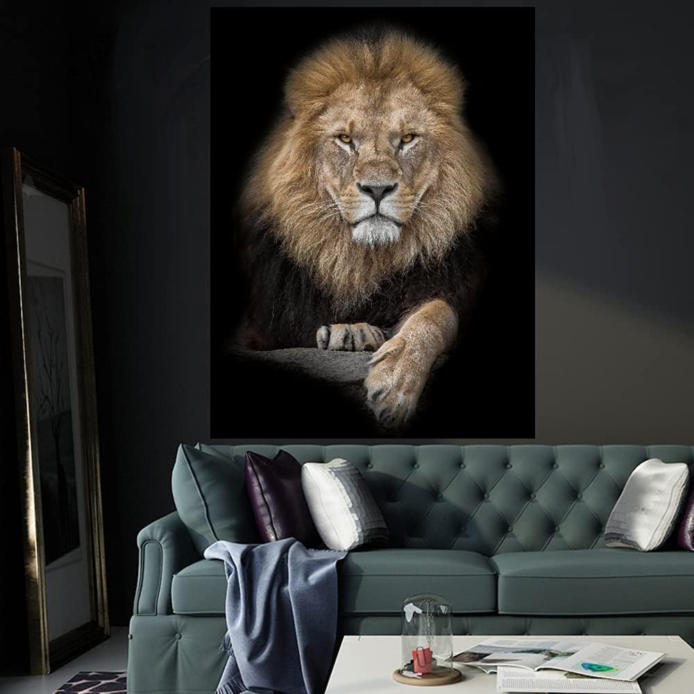 Dark Background Lion Portrait Tapestry, Cool Majestic Wild Animal Print Wall Art for Bedroom Living Room Dorm Apartment Decor
