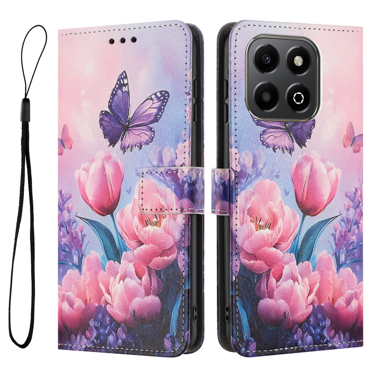 

YX-2501 Leather Case For Honor X7c 4G/200 Smart 5G/Play 60 Plus 5G/Play 9T Pattern Printing Wallet Phone Cover Pink Flower Butterfly