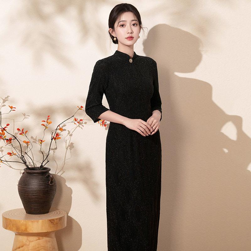 Black national style new Chinese long-sleeved improved cheongsam new women's high-end sense retro slim spring and autumn clothing