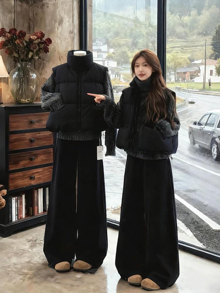 Korean-Style Three-Piece Women s Spring Set: Knit Sweater, Cotton-Padded Vest, and Wide-Leg Pants XXL
