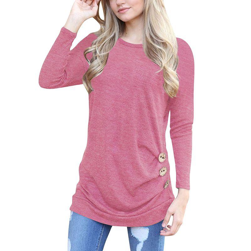 Fashion Women Long Sleeve Casual Blouse Stylish Tunic With Brown Button Accents