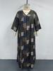 Plus Size V-Neck Floral Patchwork Dress - Women's Middle Eastern Style, Loose Fit, Three-Quarter Sleeve, Casual Vacation Wear