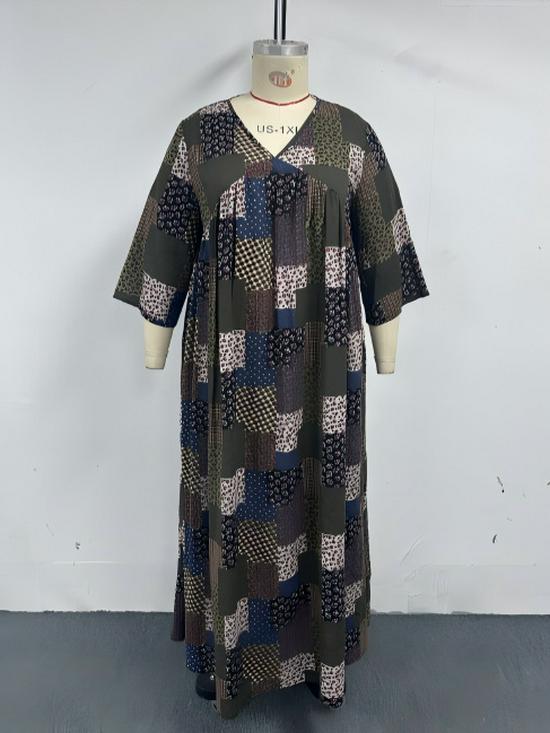 Plus Size V-Neck Floral Patchwork Dress - Women's Middle Eastern Style, Loose Fit, Three-Quarter Sleeve, Casual Vacation Wear
