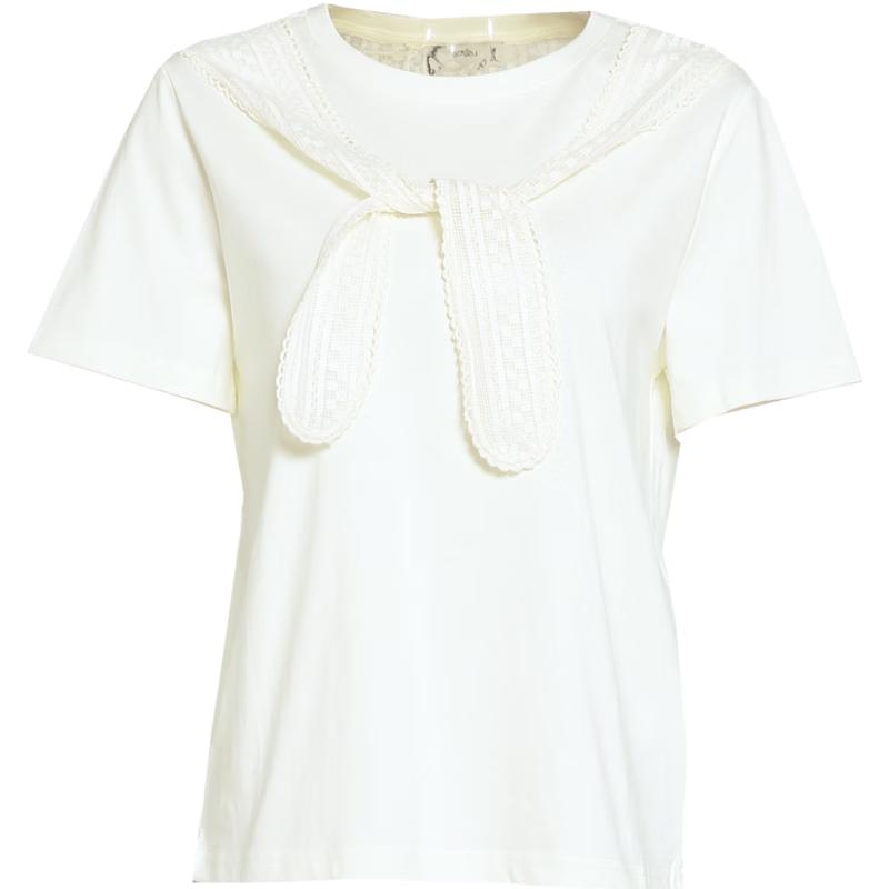 Baidu Women s Spliced Lace Shawl Collar Short Sleeve T-Shirt M