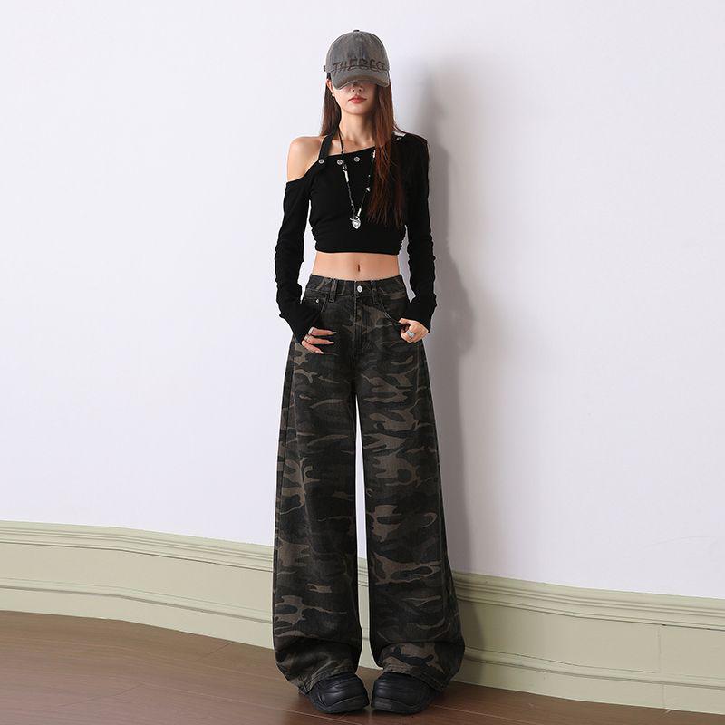 Women s American Retro Camouflage Denim Jeans - 2025 Autumn Slim Fit, Straight Loose, Casual Wide-Leg, Floor-Length Pants Large