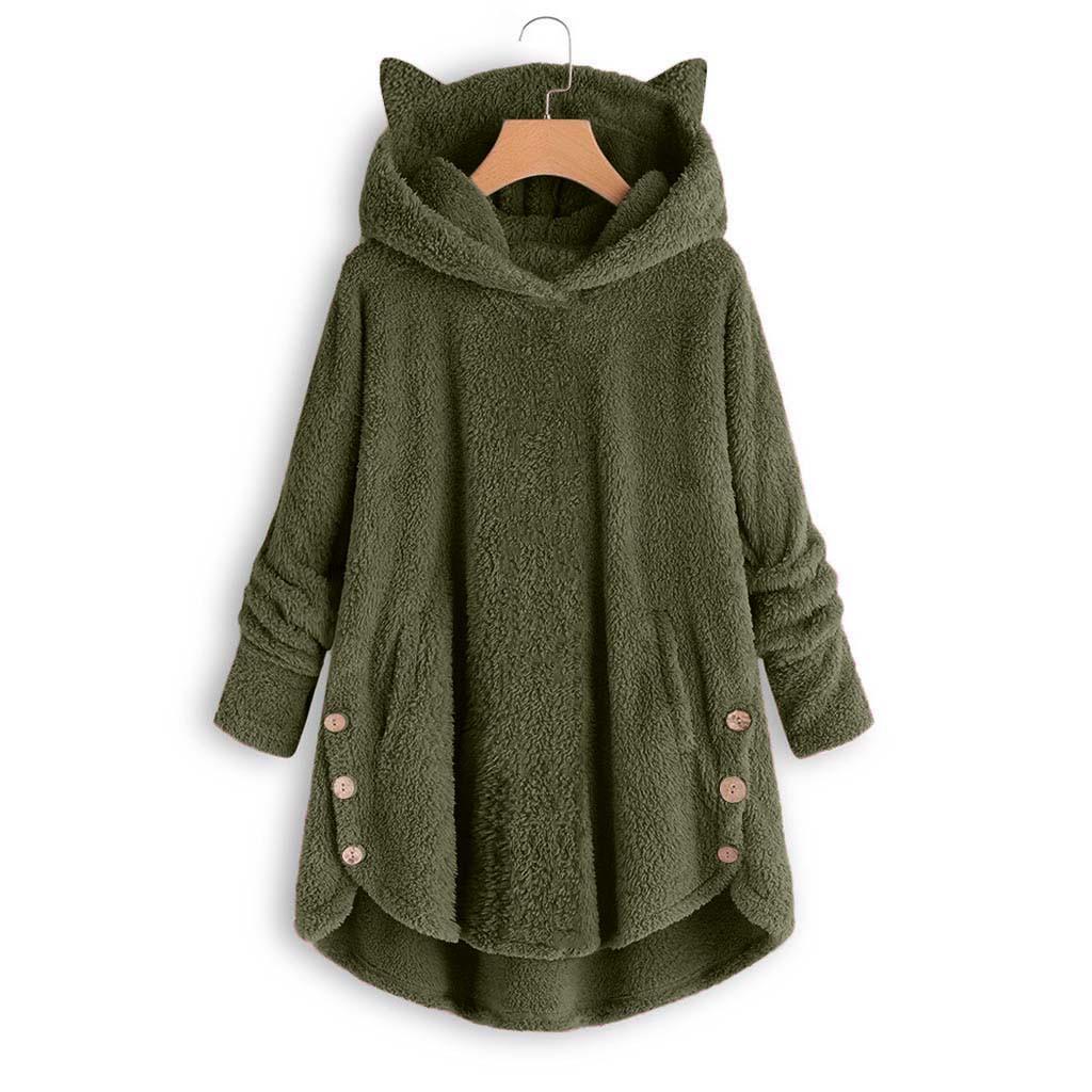 Women Button Coat SolidTops Hooded Pullover Loose Sweater Blouse Plus Size