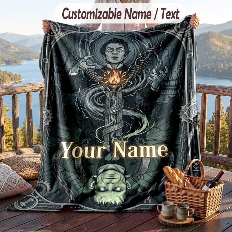 Custom Text Flannel Throw Blanket, Lightweight Cozy Bed Sofa BlanketFrankenstein's Monster
