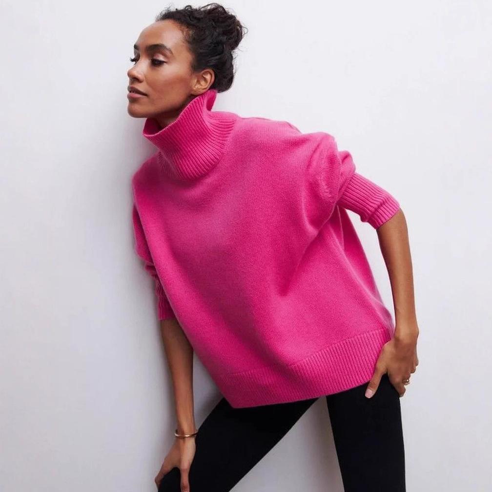 Women's Turtleneck Sweater Loose Solid Color Pullover Knitwear Thick Warm Knit Top Autumn Winter