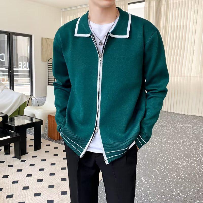 

Men s Clothing Contrast Zipper Cardigan Lapel Knitted Sweater Jacket Fashionable Casual Top XXXL зелений