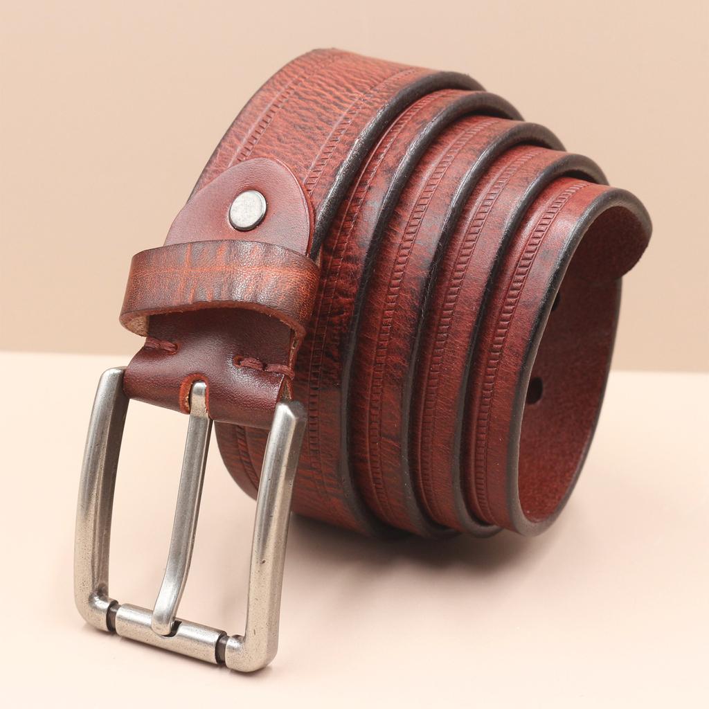 Embossed Retro Old Fashion Trendy and Personalized Cowhide Leather Belt Men's Genuine Leather Pin Buckle Jeans Belt Men's Style