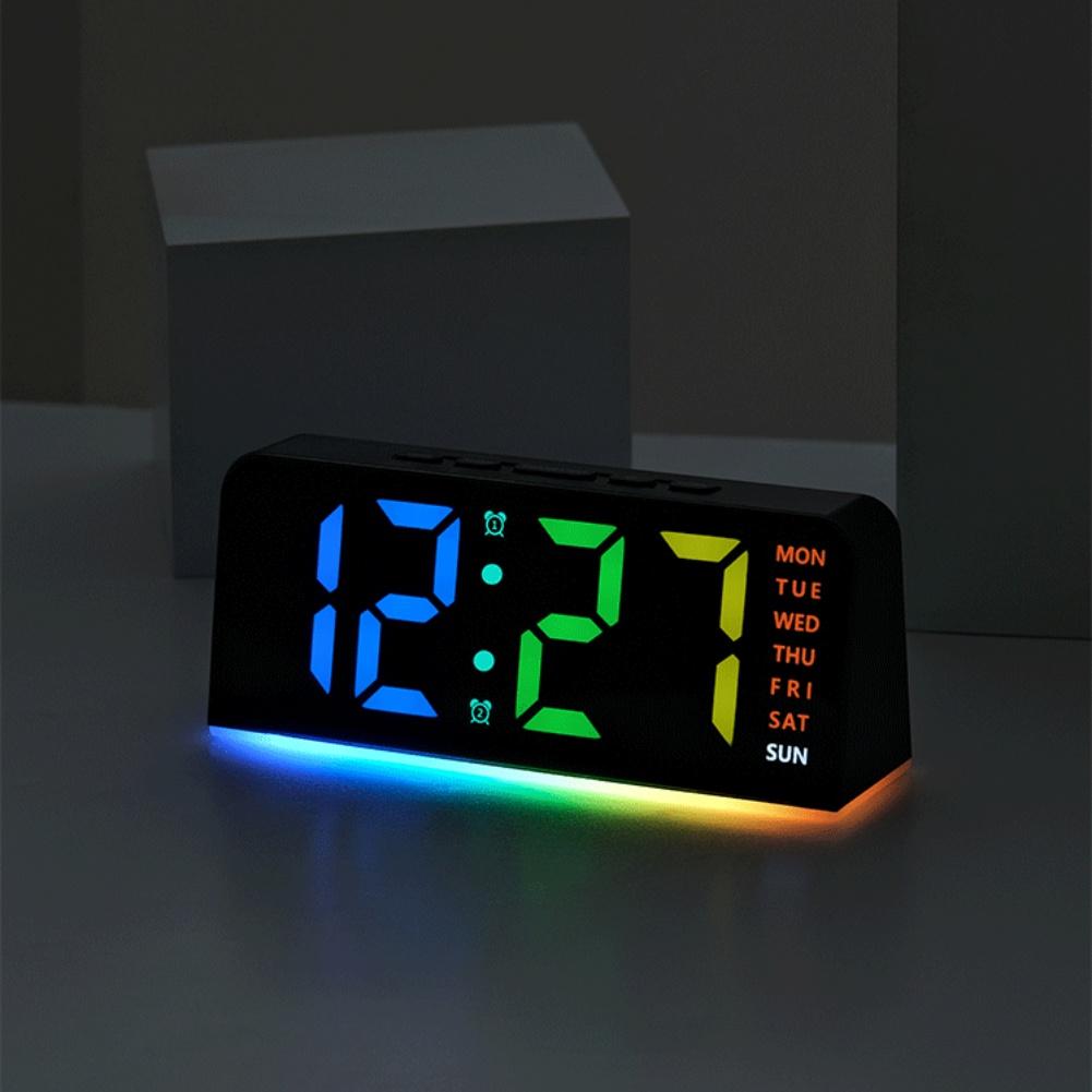 Dynamic RGB Light Clock for Bedside Table with Alarm Full Time Day Date Display Designed As a Multifunctional Night Light