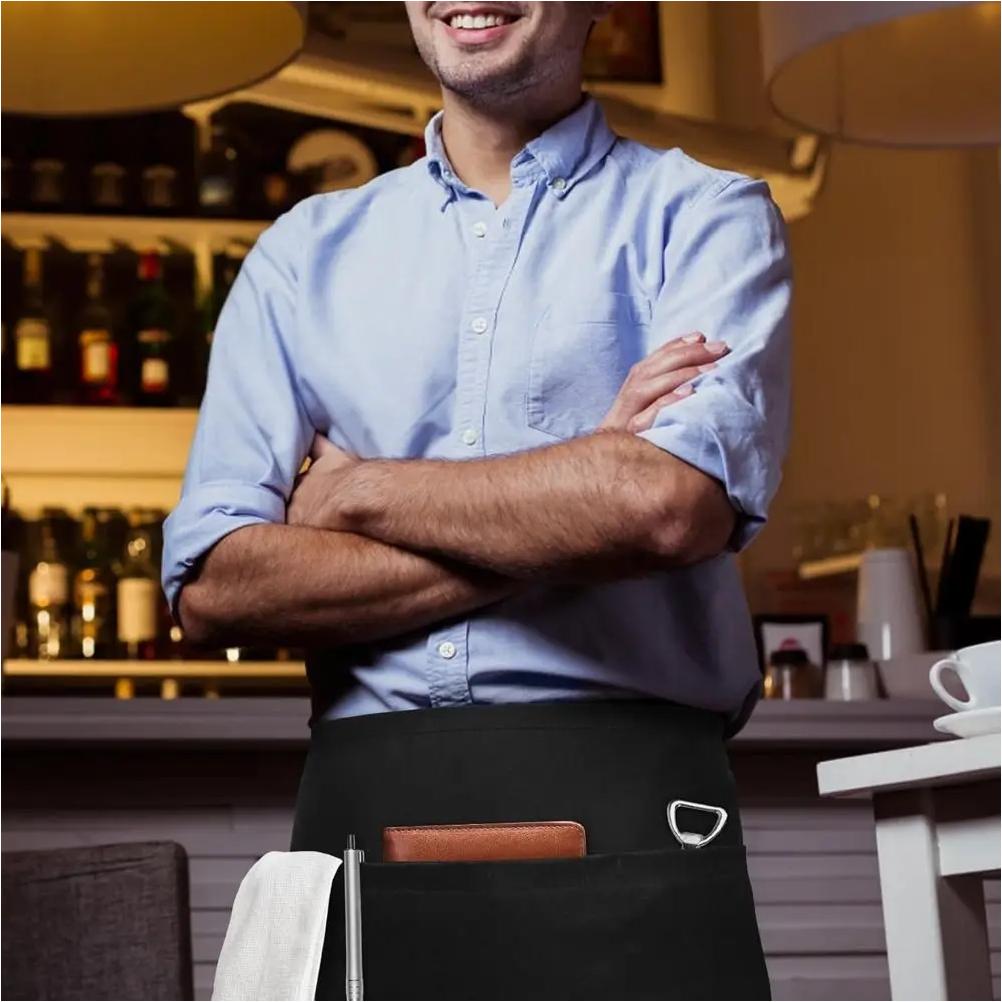 3 Pockets Black Waist Half Short Apron Restaurant Waiters Chef Aprons Cafe Shop BBQ Hairdresser Bar Aprons Cleaning Supplies