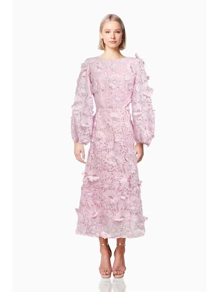 Australian Summer 2024 Floral Round Neck Hollow Waist Long Dress for Women