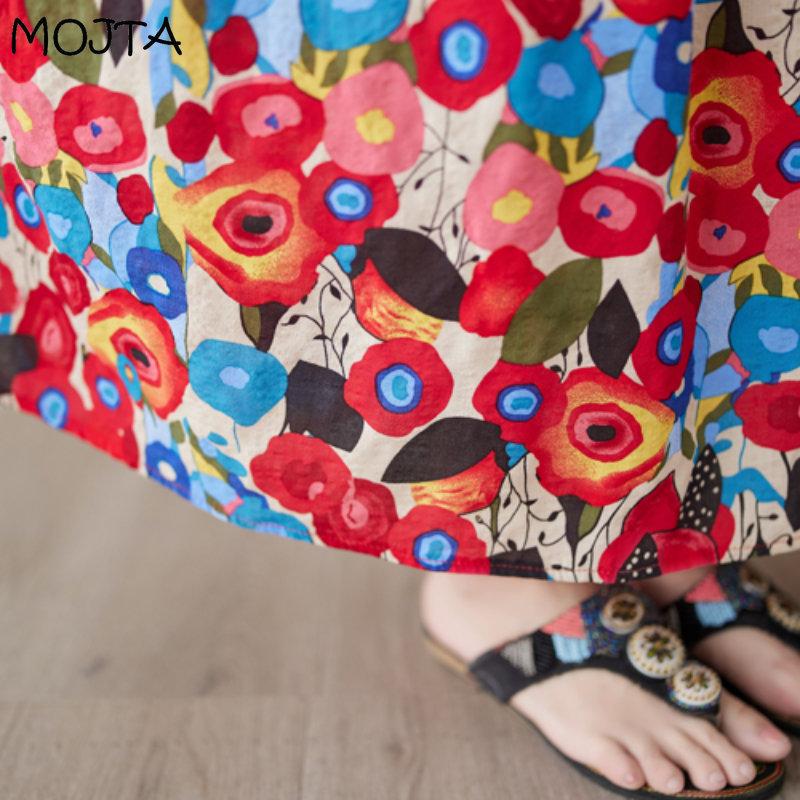 MOJTA Letnia Damska Sukienka z Okrągłym Dekoltem, Luźna, Długa Spódnica, Bawełniana, Haftowana, z Krótkim Rękawem