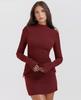 Women Elegant Dark Blue Mini Dress Autumn Pocket Long Sleeve Bodycon Dresses Lady Chic Party Club Robe
