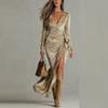 Women's Deep V-Neck Wrap Maxi Dress with High Slit and Tie Waist Slim Fit Evening Gown for Party
