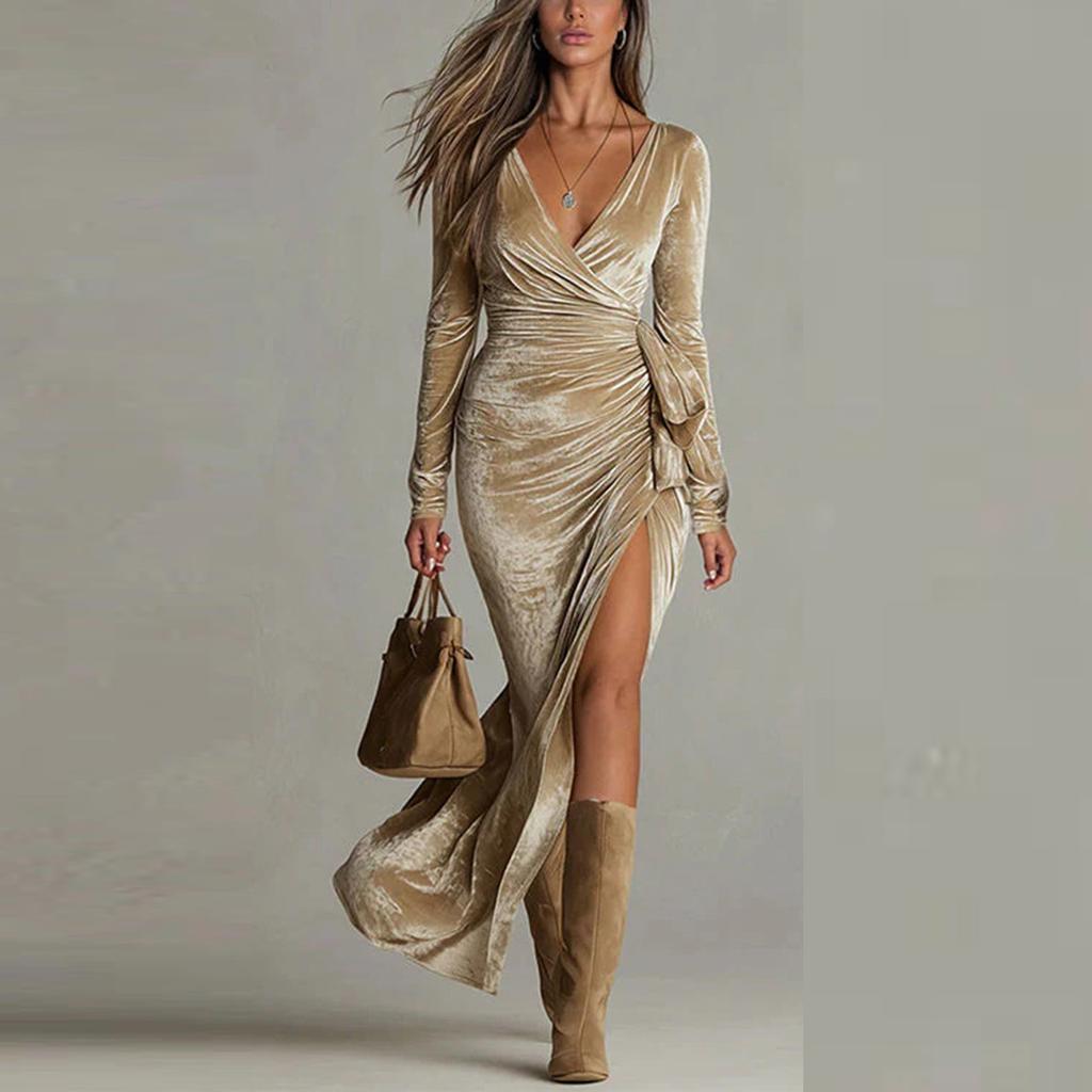 Women's Deep V-Neck Wrap Maxi Dress with High Slit and Tie Waist Slim Fit Evening Gown for Party