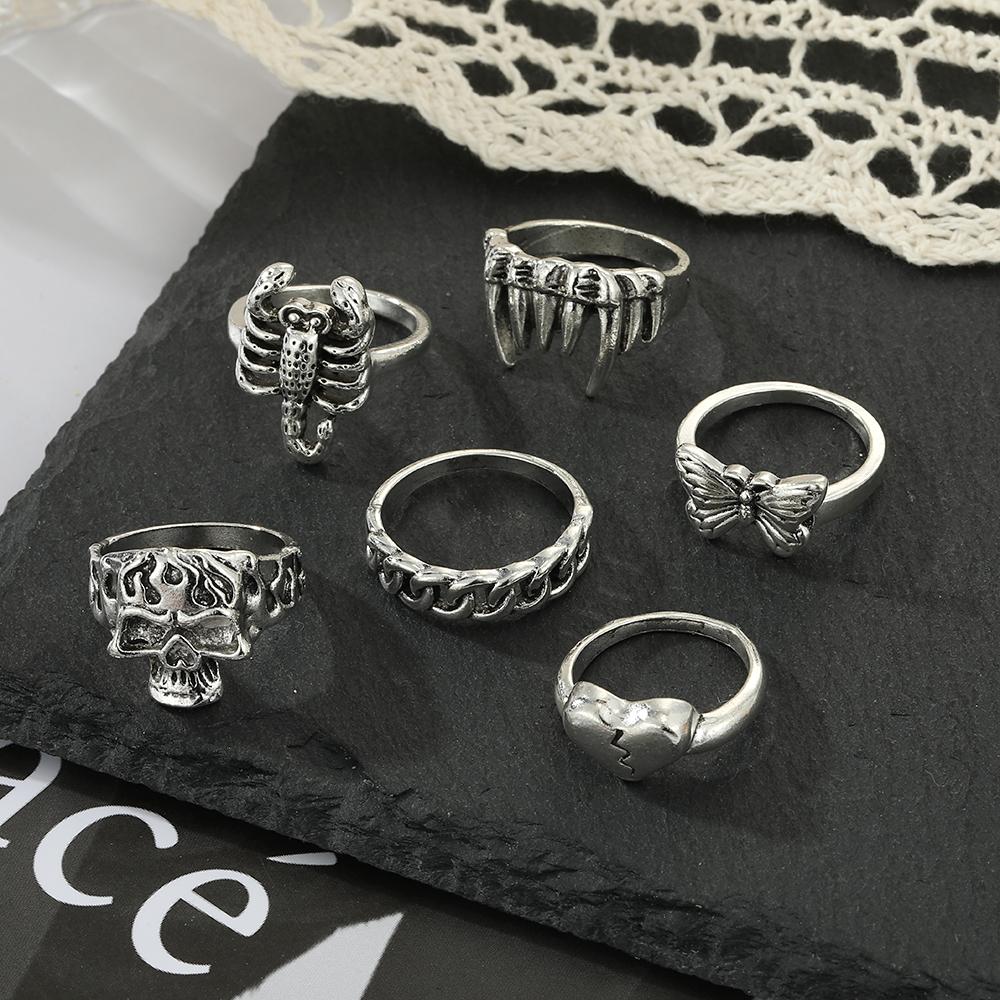 Vintage Hand Carved Ring Skeleton Tooth Butterfly Love Versatile Jewelry Ring Set