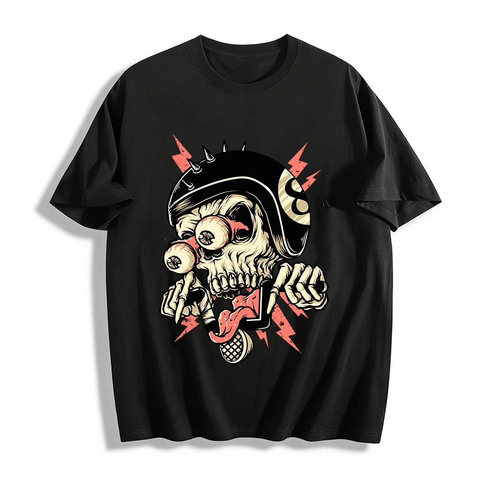 Spooky Pop-eyed Skull Biker Style Printed Top Pure cotton T-shirt XXS