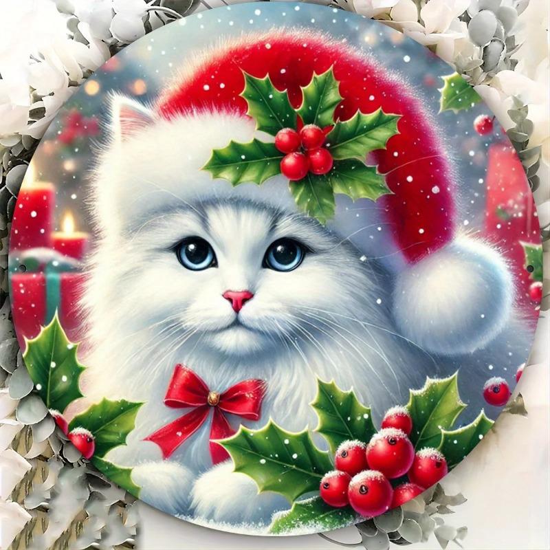 2D Flat Vintage Round Acrylic Christmas Decoration Sign, Santa Hat Cat & Holly, Home Decor Plaque Hanging Wall Art Decorative Garden Decoration for Ro
