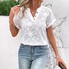 Women's V Neck Half Button Short Sleeve Floral Embroidery Loose Casual Blouse Shirt Top