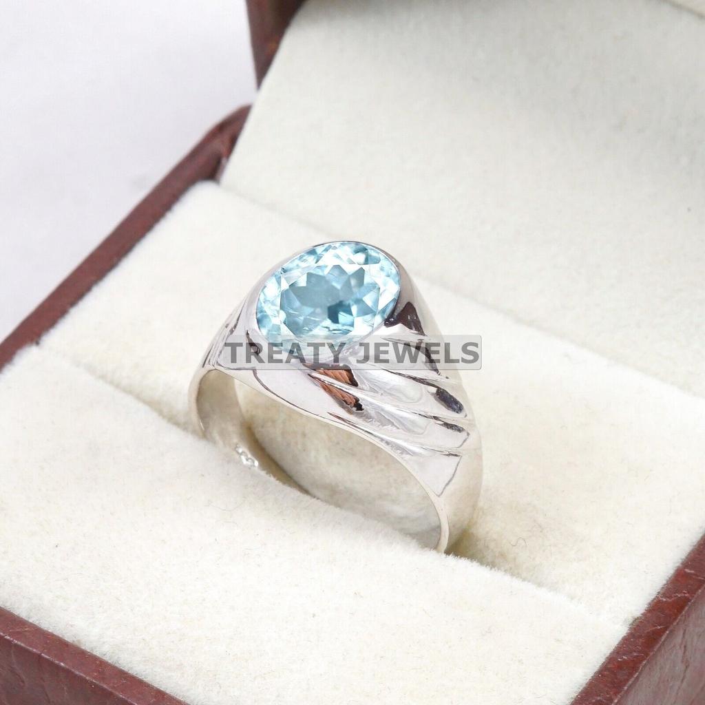 Aquamarine Oval Cut Gemstone With 925 Sterling Silver Ring For Men's #A762 JL375659112397