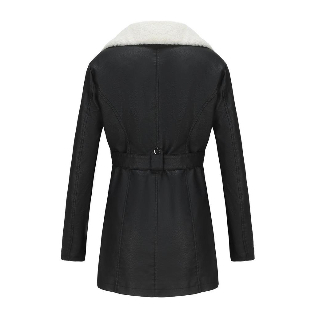Women's Long-Sleeve Velvet-Lined Leather Jacket with Lapel, Double-Head Zipper, and Belt for Autumn and Winter.