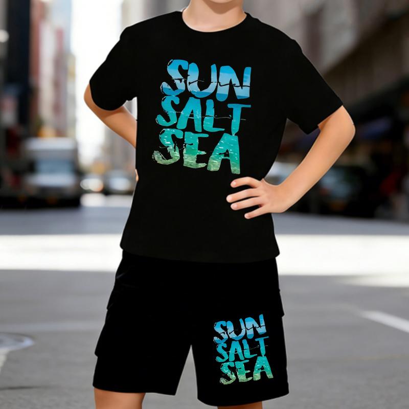 Мальчишеский комплект из 2 предметов SUN SALT SEA с принтом, футболка с коротким рукавом и комплект шорт для детей от 5 до 14 лет, Черный, белый, Спортивный повседневный летний комплект одежды 5-6 Years чёрный