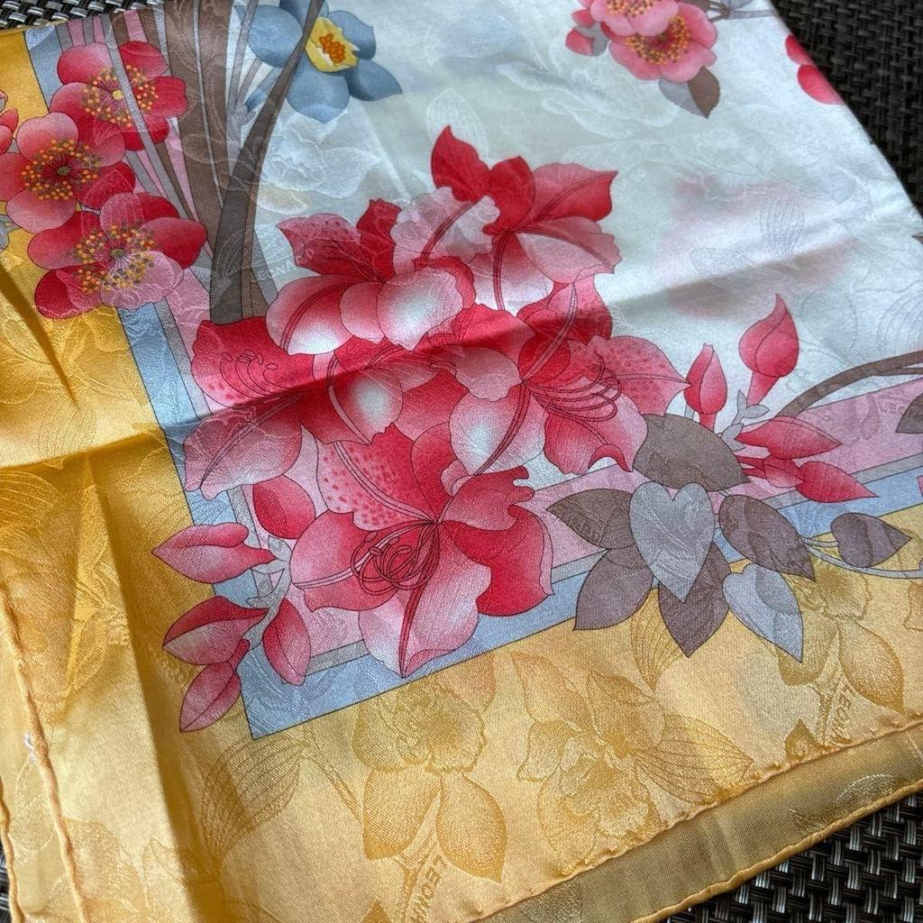 Used LEONARD Large Handkerchief Scarf Floral Pattern Yellowish 58cm