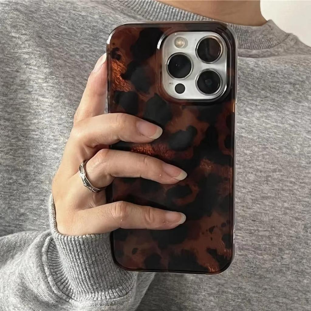 Custodia Laser Retrò con Texture Ambra per iPhone 17 16 Pro Max 15 14 13 12 11 XS XR 7 8 Plus 16E Elegante Stampa Leopardo Copertura Morbida