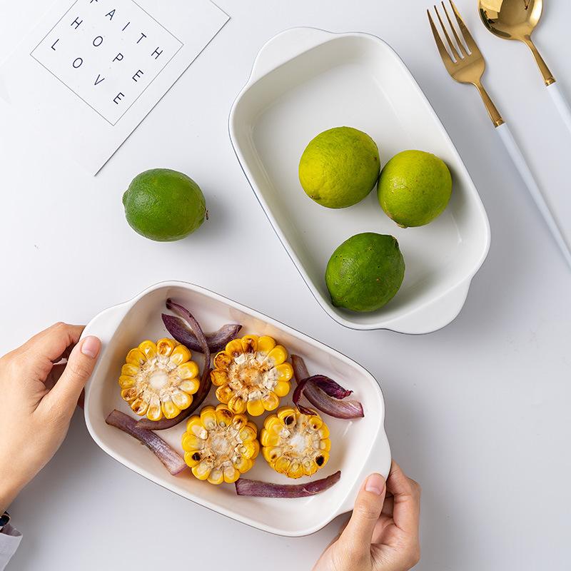 Gradual Change Stone Pattern Ceramic Binaural Cheese Baked Rice Plate Rectangular Baking Plate Restaurant Home Oven Dish Plate Baking Plate