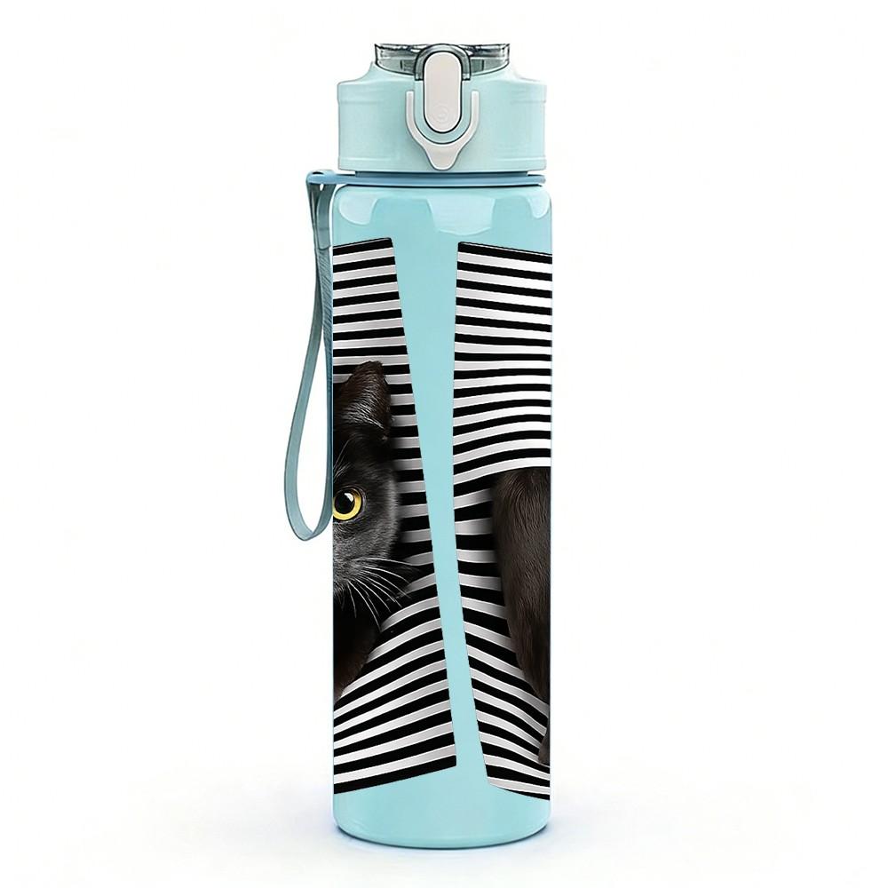 1PC Black Cat Stripe Background Print 750ml Color Plastic Sports Water Bottle Leakproof Flip Straw Lid Suitable for Sports Office Home Use