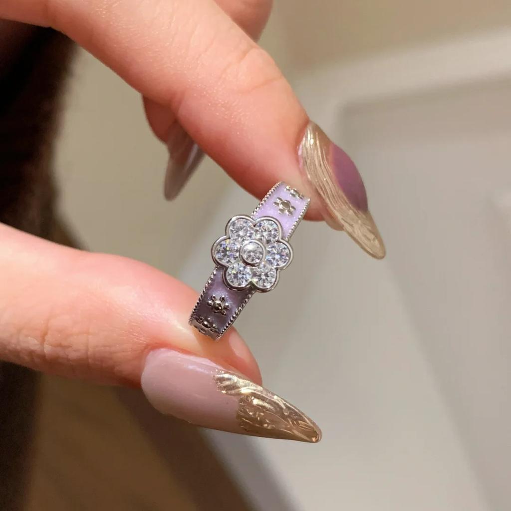 Light Luxury Temperament Oil Drop Enamel Taro Crape Myrtle Wreath Ring French Retro Diamond Drop Lavender Purple Ring