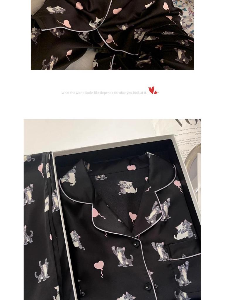 Women's Ice Silk Long-Sleeved Pajamas - Heart Balloon Design, Spring/Summer, Thin Style for Dormitory or Home Wear.