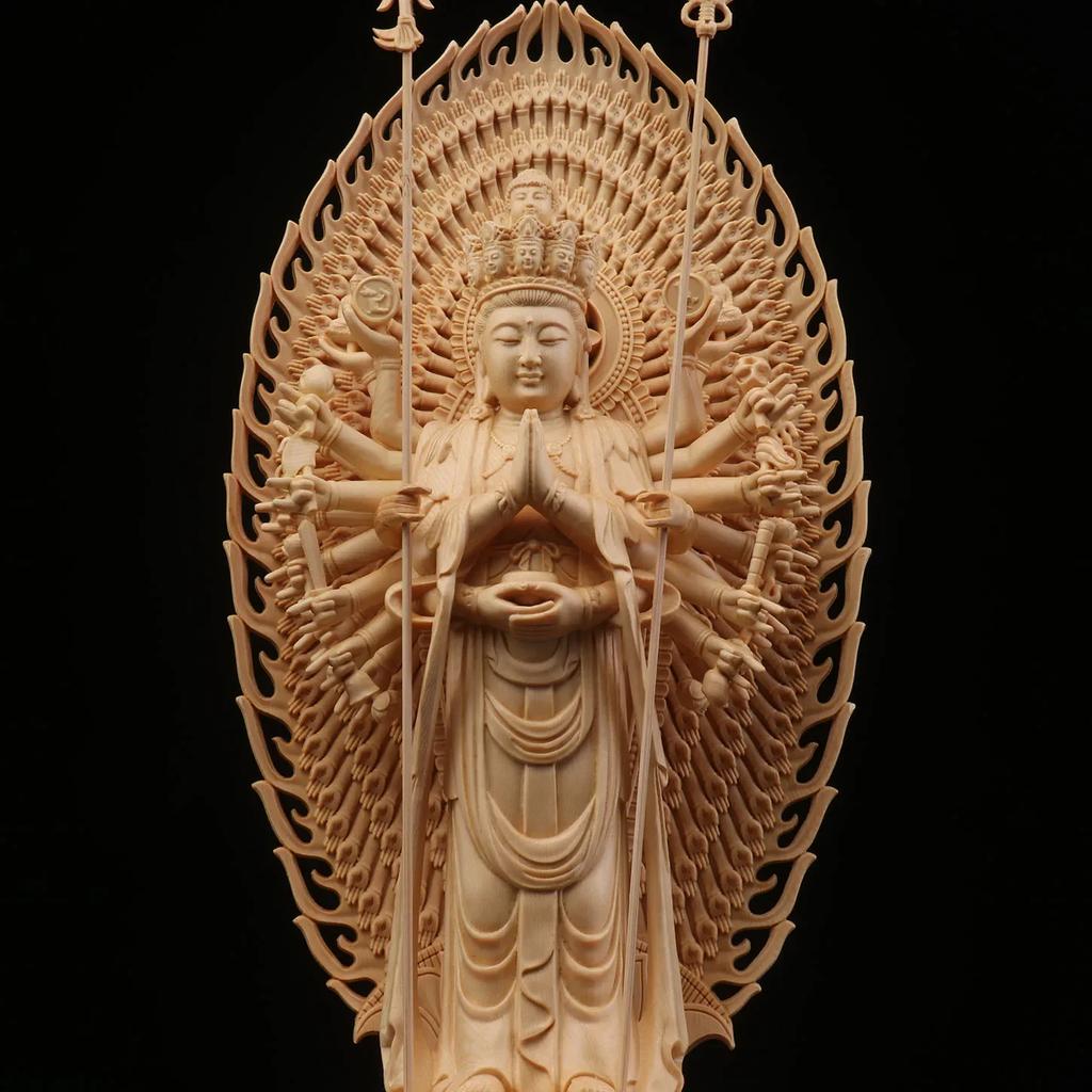 Chinese Large Solid Wood Guanyin Buddha Statue Thousand-Hand Sculpture Home Decor